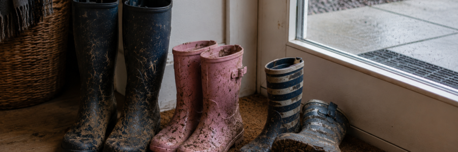 3 pairs of muddy gumboots left by front door